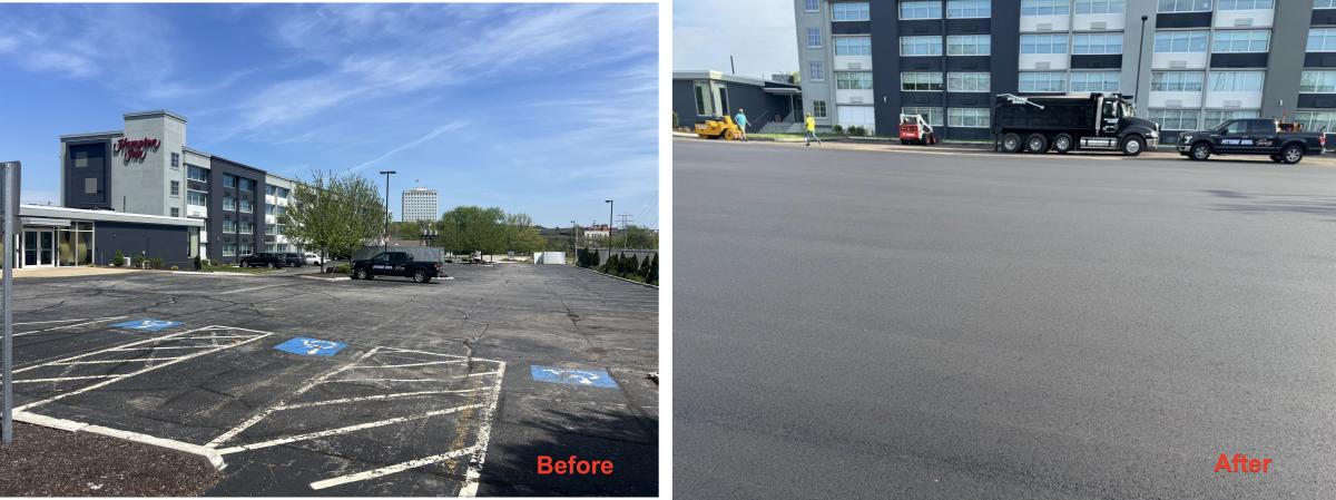 Before and after of a resurfaced commercial parking lot