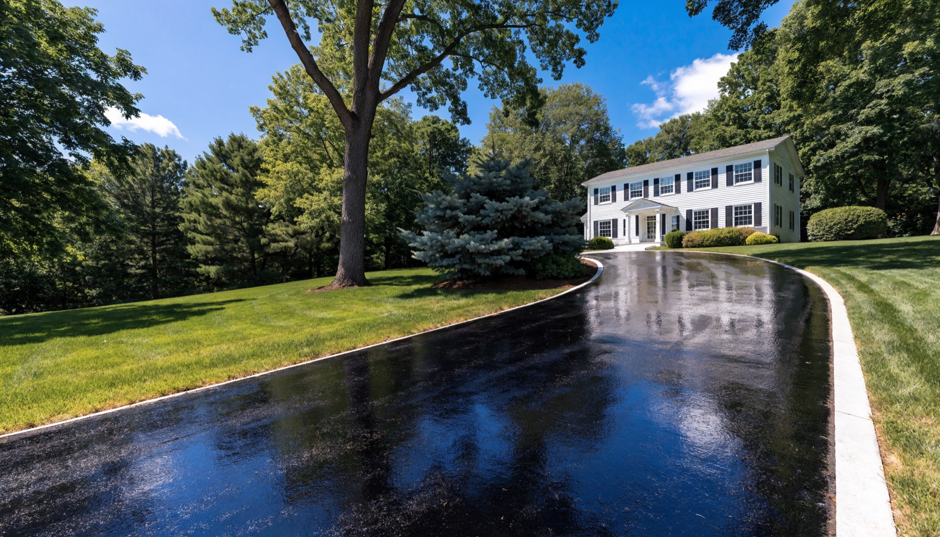 Freshly paved asphalt driveway curving up to a New England home in Southern NH on a bright sunny day